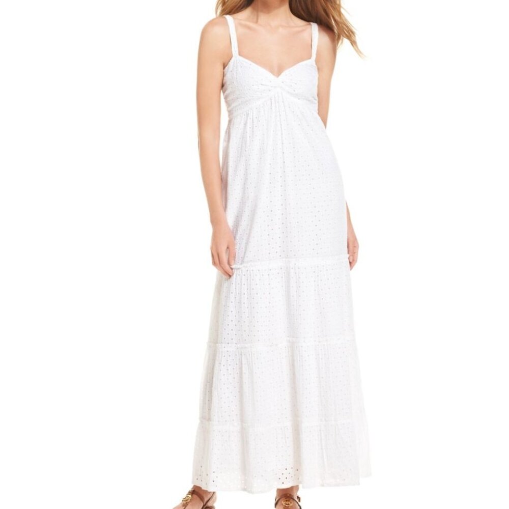 Michael Kors White Eyelet Smocked Back V-Neck Tiered Empire Maxi Dress LARGE NWT - Picture 1 of 5